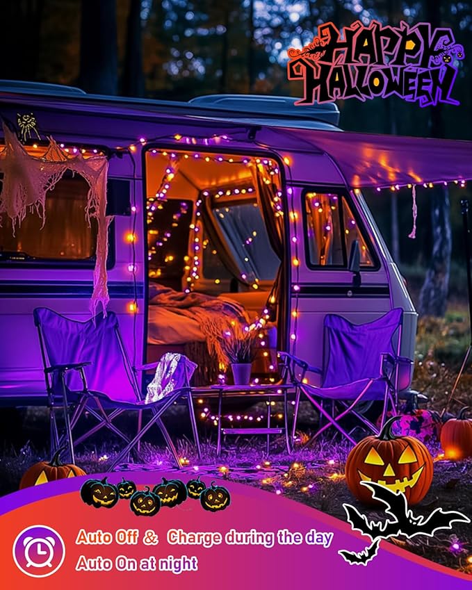 JMEXSUSS 2 Pack Solar Halloween Lights, Total 66FT 200 LED Orange and Purple Halloween Lights Outdoor Waterproof, 8 Mode Black Wire Solar String Lights for Tree Yard Spooky Party Halloween Decorations