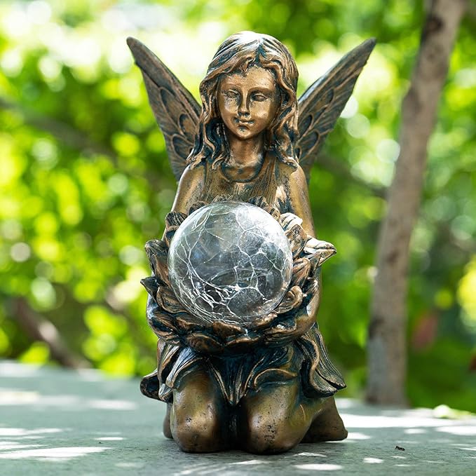 Garden Statues Outdoor Flower Fairy Decor,Solar Powered Outdoor Resin Statues-Patio Lawn Yard Porch, Funny Garden Fairies Ornaments Figurines for Outside Garden Gifts,8.31 Inches Tall