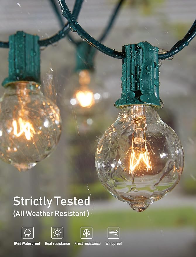 Outdoor Patio String Lights 100Feet G40 Backyard Light with 104 5W Edison Clear Bulbs(4 Spare), UL Listed Waterproof Hanging Lights for Balcony Porch Bistro Party Decor, C7 E12 Socket, Green