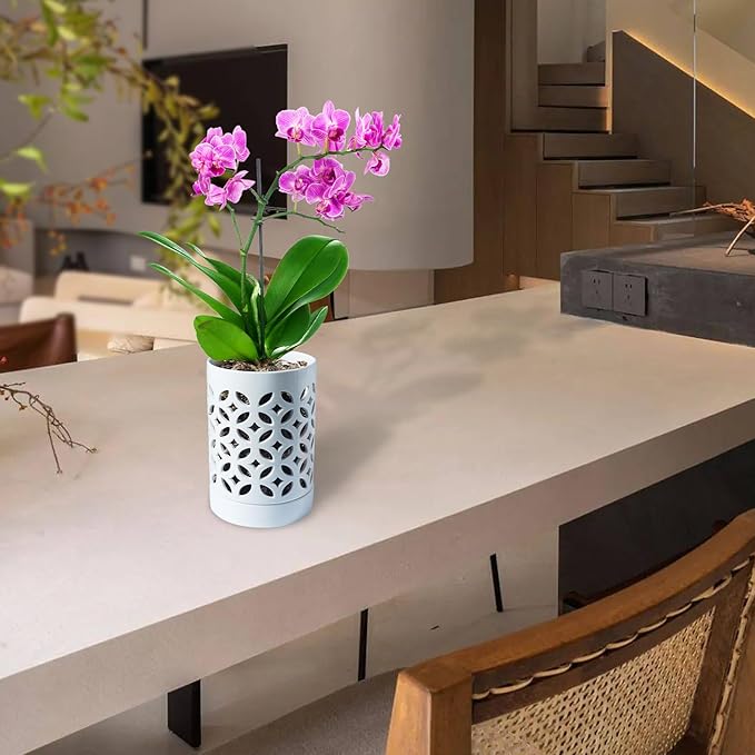 Orchid Pot with Holes & Saucers, Ceramic Pots for Repotting, Breathable Slotted Orchid Pots Flower Plant Nursery Pot White 4 Inch