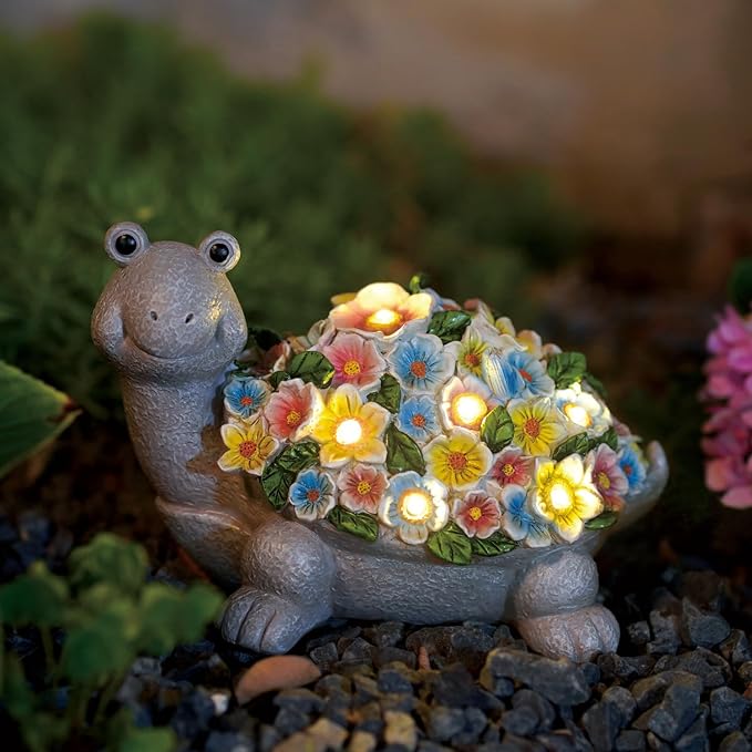 Solar Turtle Garden Decor with Flowers: Outdoor Clearance Statues Lights for Outside Lawn Ornaments Porch Patio Balcony Yard – Birthday Gifts for Mom Grandma Women
