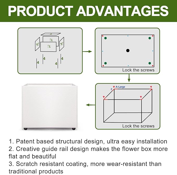 Planter Box Rectangular Block - 16×12×12IN Galvanized Steel Metal Long Box Planter Easy Installation Modern Outdoor Tall Planters All-Weather Use with Drainage Holes for Patio/Porch(White)