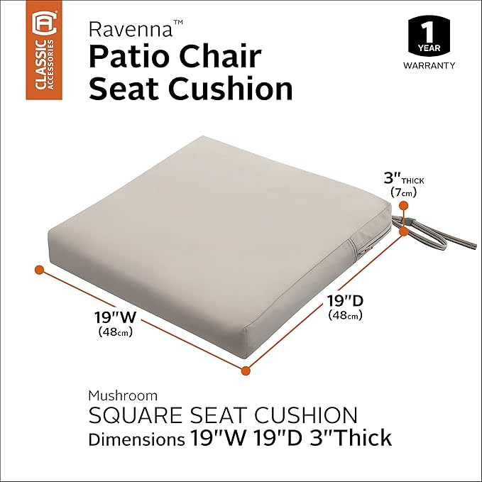 Classic Accessories Ravenna Water-Resistant 19 x 19 x 3 Inch Patio Seat Cushion, Mushroom, Chair Seat Cushion
