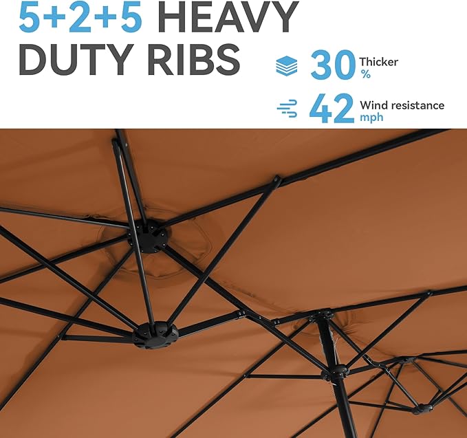 GREEN PARTY 15 ft Rectangle Patio Umbrella with Base Included, Double-Sided Table Umbrella with Crank, Large Outdoor Umbrellas for Patio Poolside Garden Backyard, Tawny