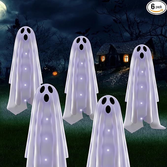 Halloween Decorations Solar Garden Lights Outdoor,6PACKS Halloween Ghost Decorations Lights with Scary Party Gifts Decor,Solar Scary Ghost Path Lights for Halloween Party Decor Cold White