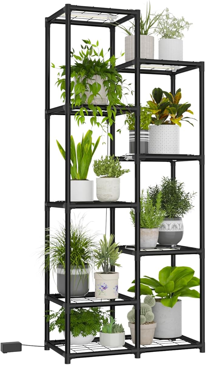 Plant Stand Indoor with Grow Lights Tall Plant Shelf Outdoor Plant Rack Metal Plant Holder Waterproof Black for Multiple Plants Table Flower Pot for Living Room Patio Balcony Garden