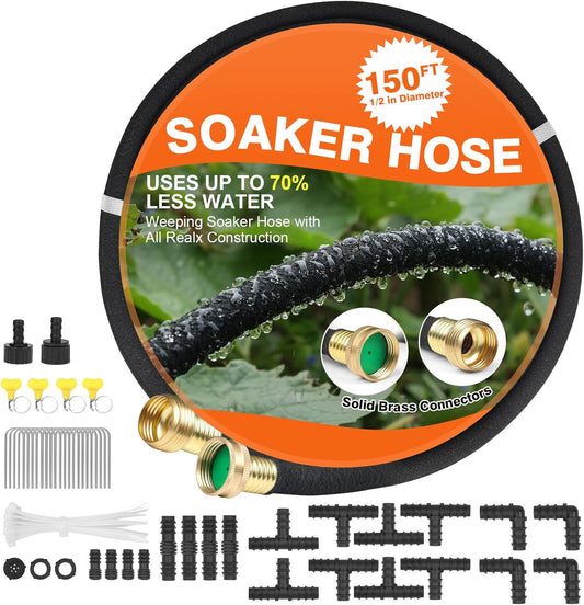 Soaker Hose 150 FT for Garden with 1/2" Diameter Irrigation Hose Save 70% of Water Solid Brass Interface Eminently Suitable for Lawn and Garden Bed Cover