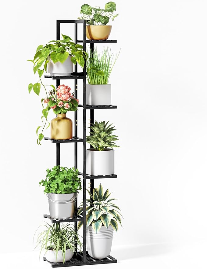 ROSSNY Plant Stand Indoor, 7 Tier 8 Potted Bamboo Plant Stands for Indoor Plants, Corner Plant Stand, Tiered Plant Stands, Plant Shelf For Indoor, 55 Inch Tall Planter Holder for Multiple Plants Indoor, Black