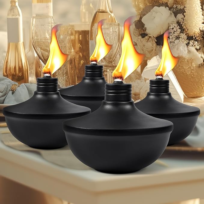 4-Pack Upgraded Tabletop Torches, 24 oz Citronella Torch Lights, Refillable Torch with Wicks, Covers, and Funnel Included - Ideal for Garden, Patio, Deck, Yard, Party, Landscape