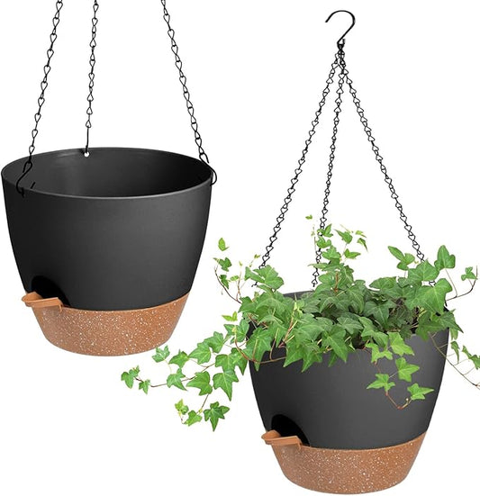 Hanging Planters for Indoor Outdoor Plants, 2 Pack Self Watering Hanging Pot with Drainage Holes & Removable Tray (Black, 8'')