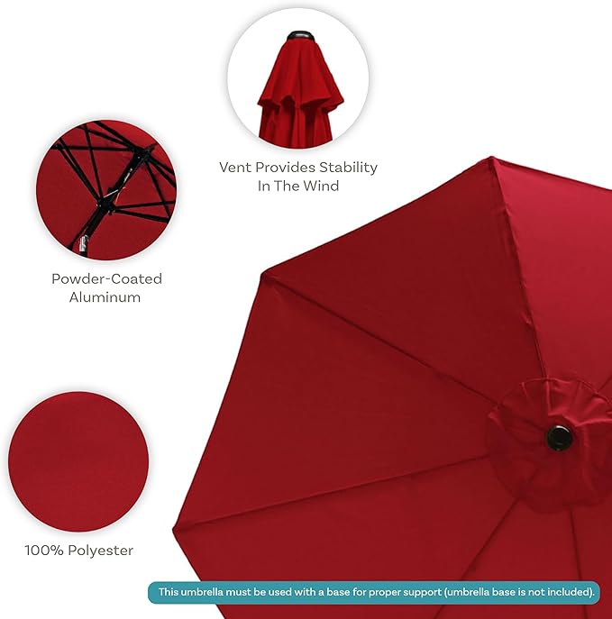 Sunnydaze Outdoor Patio Umbrella - Polyester Table Market Umbrella with Push-Button Tilt and Crank - 8 Sturdy Ribs - Red - 9ft