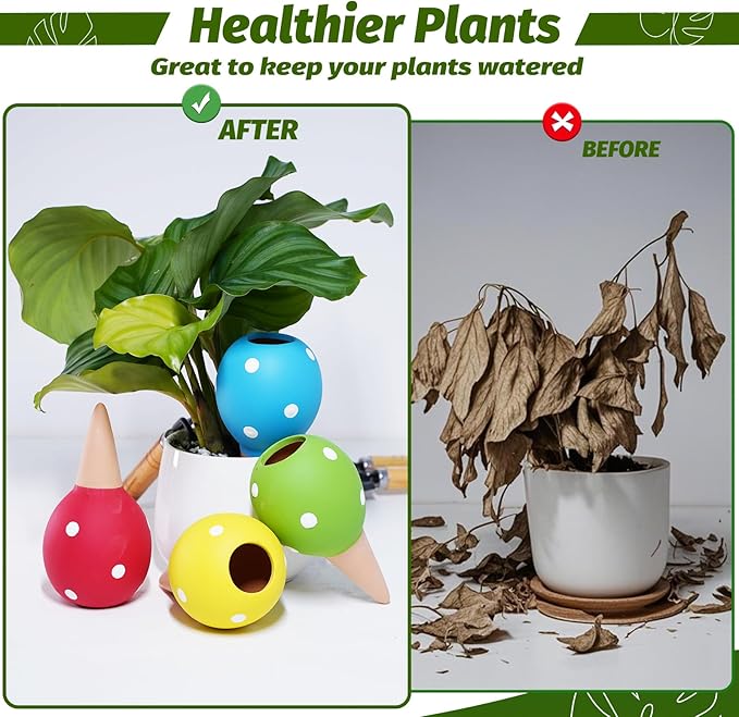 Terracotta Self Watering Spikes, 4 Pack Watering Globes for Indoor Outdoor Plants, Slow Release Plant Self Watering Planter Insert Devices for Travel, Vacation, Garden Care, Cute Small Ball Shape