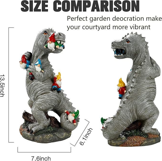 Garden Statue Outdoor Decoration, Weatherproof 14” Dinosaur Garden Gnome, Indoor Outdoor Décor Garden Art for Patio Lawn Yard, Gardening Gift for Homeowners