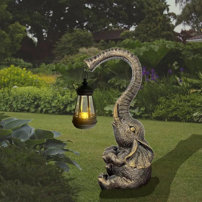 10.6 Inch Statue Elephant with Solar Outdoor Lights for Garden Decor，Lucky Present with Appeal For Birthdays(Man and Women and family)， Unique Housewarming Presents and Yard Decoration. (black)