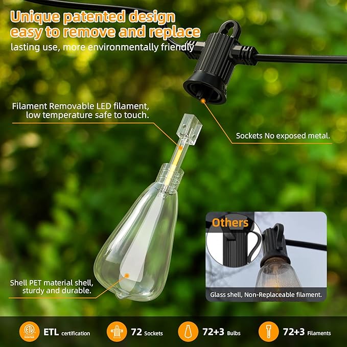 FOOMAN LED Outdoor String Lights, 150FT Outside Waterproof Patio Lights with 72+3 Shatterproof ST38 Edison Bulbs, 2700K Warm White Hanging Light, Dimmable Light for Back Yard Porch Party Gezebo