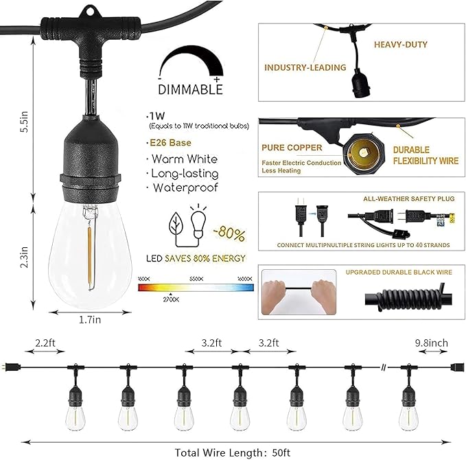 Svater Outdoor String Lights 150FT, E26 Socket, 48pcs S14 Shatterpoof Bulbs, 1 Watt Dimmable 2700K Warm White, IP65 Waterproof Commercial Grade Patio Lights（3 Pack X 50FT）