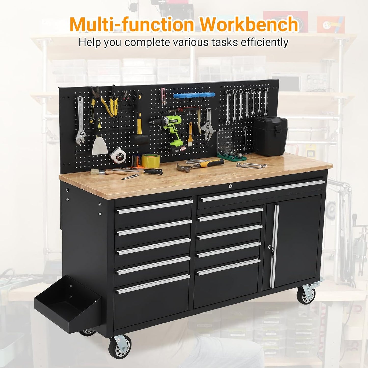 Heavy Duty 61" Tool Chest Cabinet, Mobile Garage Workbench with 10 Drawers and Power Strip, Rubber Wood Worktop, 1675 LBS Load, Rolling Tool Storage Organizer for Mechanic, Shop or Home Use