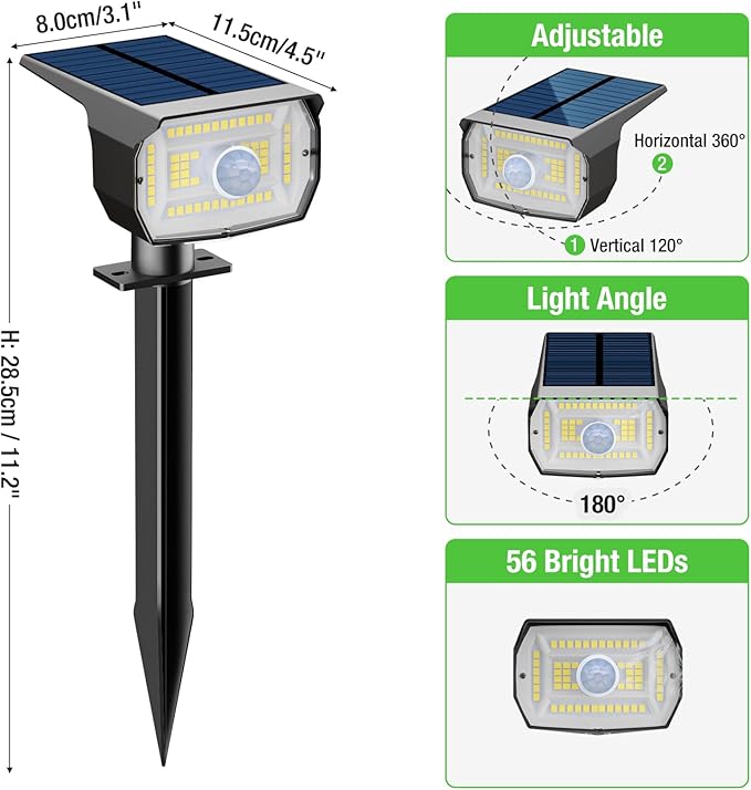 Outdoor Motion Sensor Spot Lights with 3 Modes, 4 Pack/56 LED 2-in-1 Auto On/Off Solar Landscape Lighting for Outside Yard, Wall, Garden, Pathway, Warm White