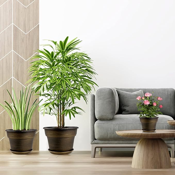 Plant Planters Pots Set of 4 Pack 11 Inch, Plastic Flower Pot for Indoor Plants with Drainage Holes & Trays, Resin Decorative Container Sets with Saucer for House Outdoor Garden Planters Dark Gold