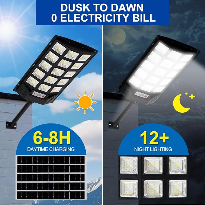 Solar Lights Outdoor,IP66 Waterproof Solar Street Lights with Motion Sensor & Remote,6500K Dusk to Dawn Flood Light for Parking Lot/Yard/Garden (4 Pack)