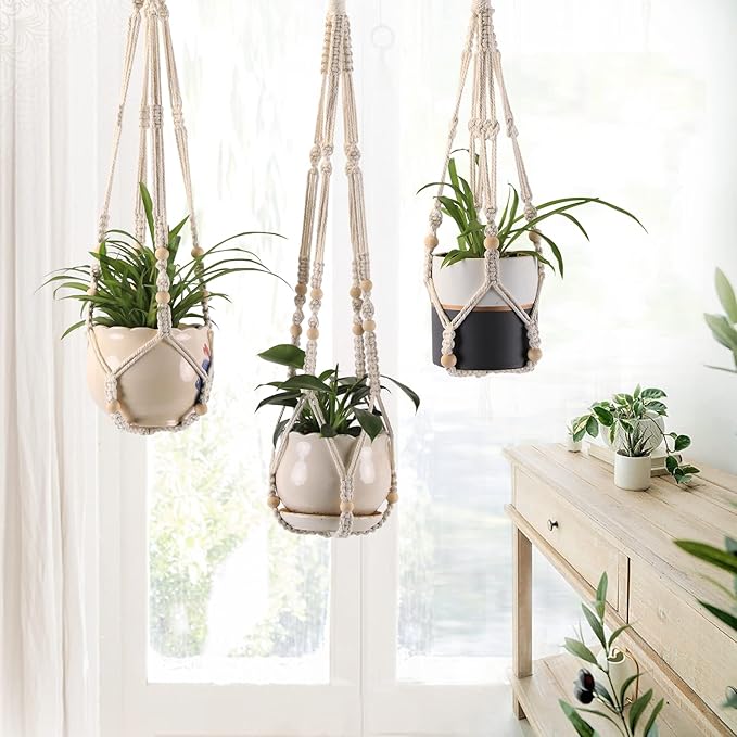 3-Pack Macrame Plant Hanger Indoor - Hanging Planter Basket for Indoor Outdoor - Decorative Boho Plant Holders Set with Beads - Ceiling Flower Pot Holder with 6 Hooks - 35"/30"/24" White