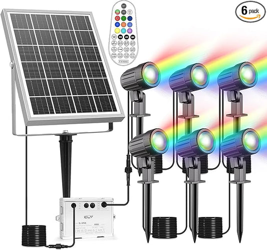 CLY Solar 6 in 1 RGB Spotlights Outdoor Garden, 10 Colors 12 Modes Solar Garden Floodlight Landscape Spotlights IP66 Waterproof 59.06ft Cable Spike Light for Lawn, Patio, Balcony