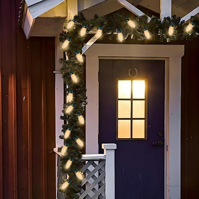 C7 Clear LED Christmas String Lights, 25FT C7 Outdoor String Lights with 27 LED Warm White Bulbs, Connectable Vintage Christmas Lights for Patio Porch Balcony Wedding Christmas Decorations, Green