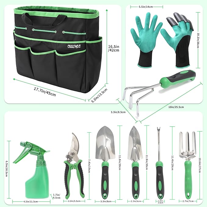 Garden Tool Set with Bag and Gloves, Heavy Duty Stainless Steel Gardening Tool Set, Ideal Gardening for Women and Men, Set of 9