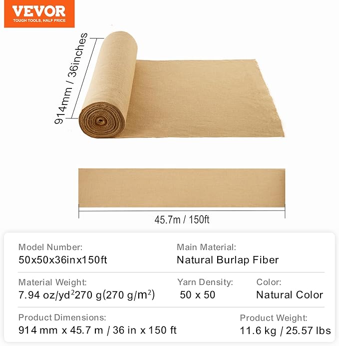 VEVOR Burlap Fabric Roll, 36” x 150 ft High Density Natural Jute Fiber Material for Outdoor Plant Care, Tree Wrap Roll, Decor, DIY Crafts, Wedding, Garden Weed Barrier, Plants & Trees Winter Covering