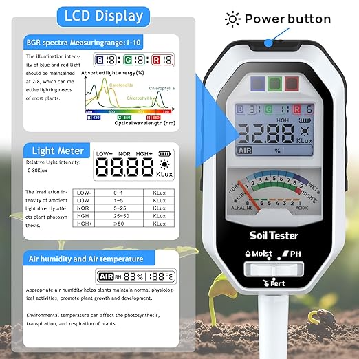 Soil Moisture Meter, 7-in-1 Soil PH Tester/Soil Moisture/Fertility with Removable Probe, LCD Display Air Temp/Air Humidity/Sunlight Intensity/BGR Spectral for Plants Garden, Lawn,Indoor Outdoor Plants