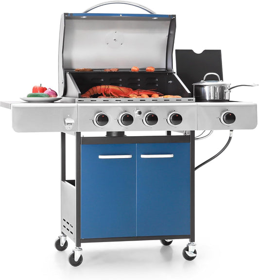 Captiva Designs 4-Burner Propane Gas BBQ Grill with Side Burner & Porcelain-Enameled Cast Iron Grates, 42,000 BTU Output Barbeque Grill for Outdoor Cooking Kitchen and Patio Backyard Barbecue, Blue