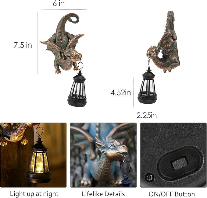 Dragon Solar Garden Statue - Gothic Outdoor Wall Hanging Decor with Solar Light, Fantasy Dragon Figurine for Patio, Yard, or Tree - Unique Whimsical Gift for Adults, Men & Women