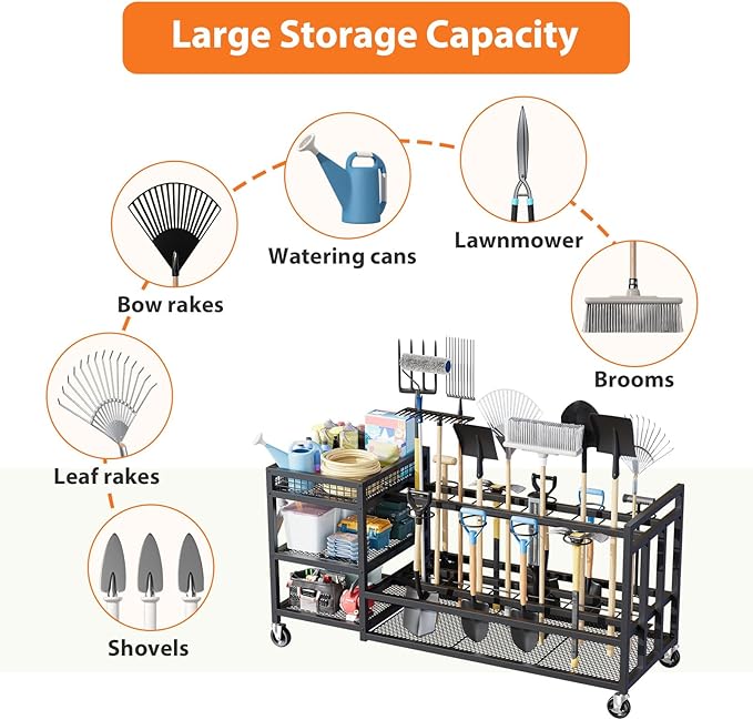Garden Tool Organizer with Wheels-Movable Garden Tool Rack with Storage Hooks for Long-Handled Tools/Rakes/Brooms/Shovels,Heavy Duty Metal Garden Tool Storage for Garage,Shed,Garden,Black