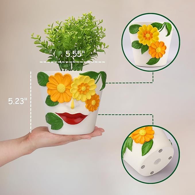GUGUGO Abstract Face Flower Planters Colorful Unique Rainbow Head Planter with Drainage, Cute Flower Plant pot for Indoor Plants, Eclectic Succulent Gardening Pot for Home Décor (Orange&Yellow, 5Inch)