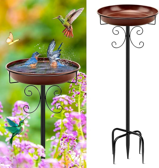 Daoeny Heavy Duty Bird Baths for Outdoors, 35In Outdoor Freestanding Birdbaths & Birdfeeder, Bird Bath Feeder Bowl with Metal Stake Garden Patio Yard Lawn Decor, Upgraded 5-Pronged Base (Brown)