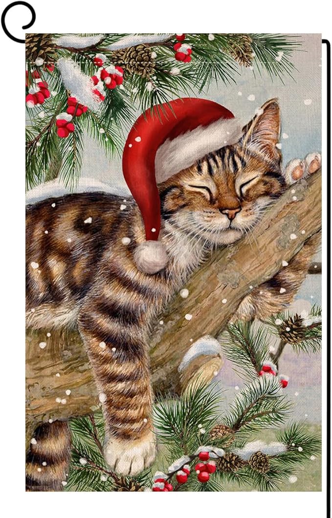 BLKWHT Winter Cat Garden Flag 12x18 Vertical Double Sided Christmas Holiday Outside Decorations Burlap Yard Flag BW738