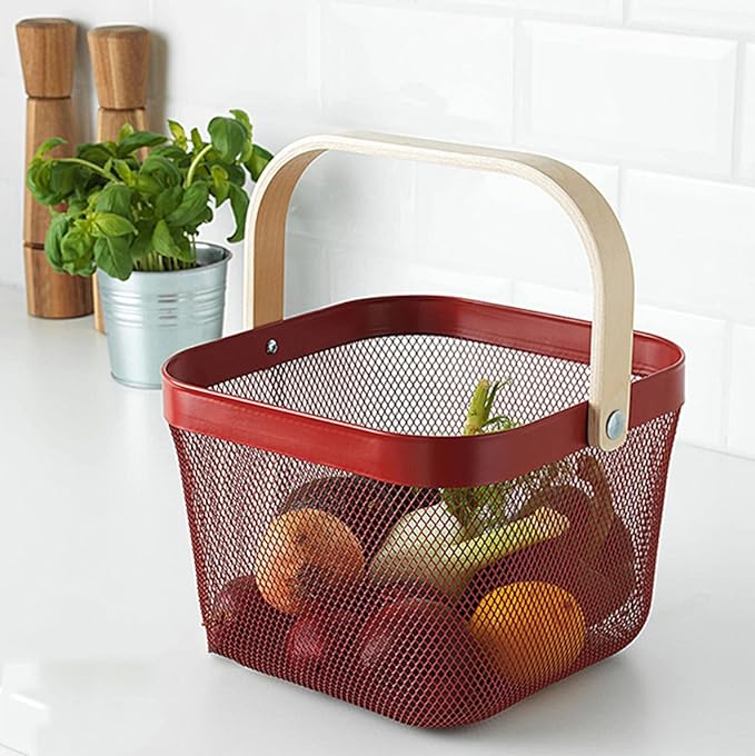 Metal Mesh Steel Basket, Storage Organizer Basket Multi-functional Hanging Kitchen Baskets Fruit Basket Bin with Bamboo Handle for Kitchen Bathroom Picnic Shopping Decor Cabinet Home, Red