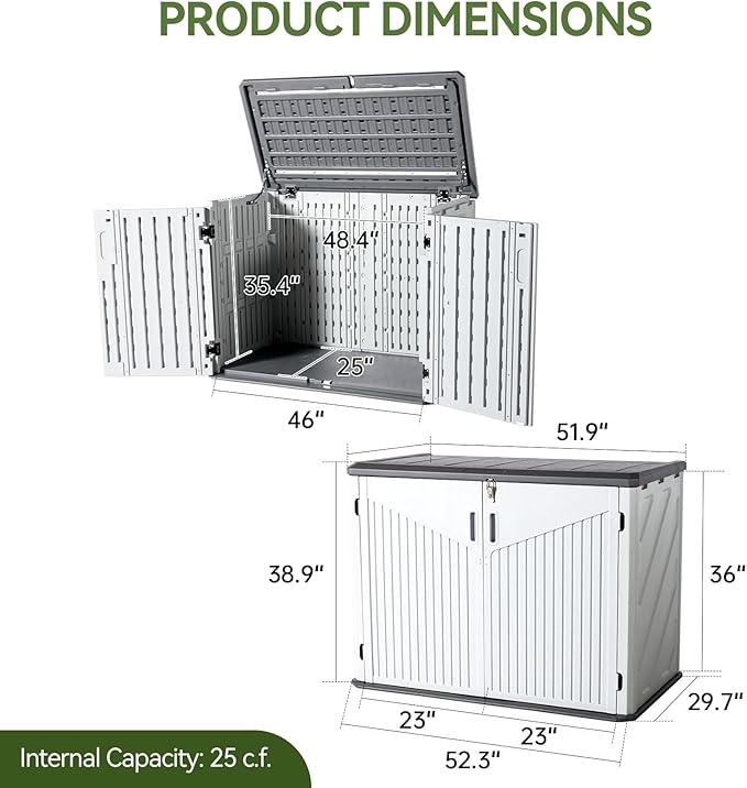 Aoxun 35 Cu.Ft Outdoor Storage Shed, Waterproof Horizontal Resin Cabinet for Trash Cans, Lawn Mowers, Generators, and Garden Tools, White