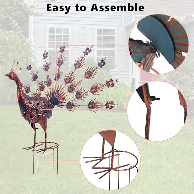 VEWOGARDEN Peacock Outdoor Statues Metal Peacock Tail Spread Garden Sculptures & Statues for Yard Lawn Patio Pool Outside Decorations, Blue & Bronze