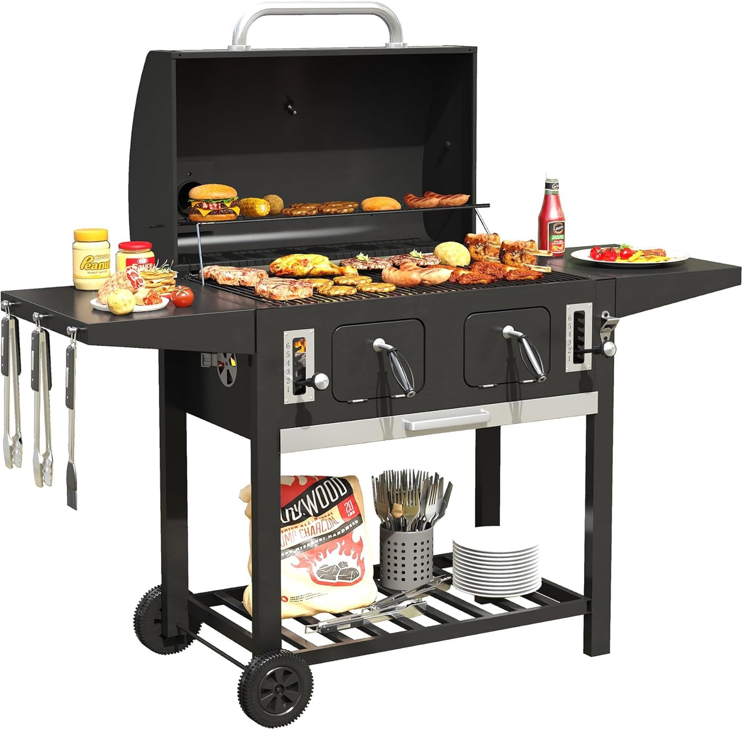 DIFY Extra Large Charcoal Grill with 589 Sq. In. Cooking Area and Foldable Side Table, Outdoor Barbecue Grill with a Liftable Charcoal Tray for Outdoor Picnic and Camping Grilling, Black