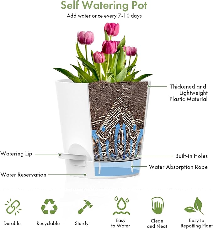 7/6.5/6/5.5/5/4 inch Self Watering Pots for Indoor Outdoor Plants, 6 Pack Plastic Flower Planters with Drainage Holes and Removable Saucers, Plant Pots with Wicking Rope, Modern Decor, White