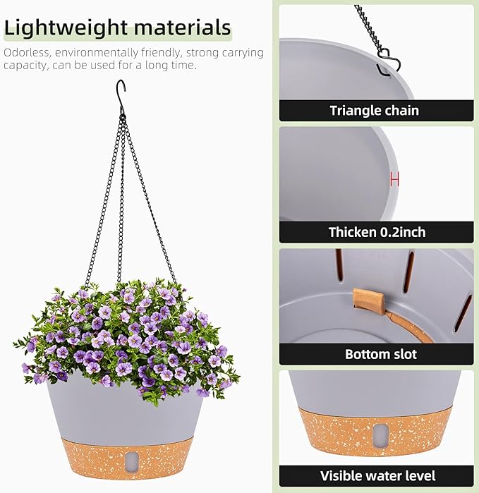 QCQHDU 2 Pack Hanging Planters for Indoor Outdoor Plants, 10 Inch Hanging Baskets Flower Pots with Reservoir Tray & Visible Water-Level