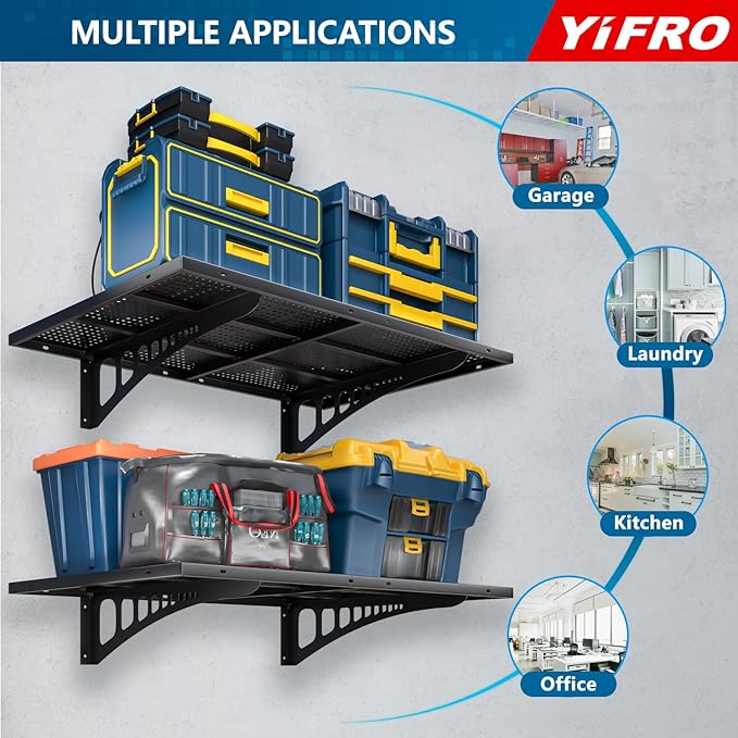 2-Pack 2x3ft Heavy Duty Garage Wall Shelving, 500 lbs Load Capacity, Garage Shelving Wall Mounted, Garage Storage Rack with Hooks, Black