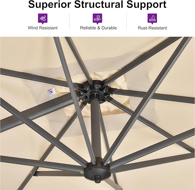 PURPLE LEAF 10 Feet Patio Umbrella with Base Outdoor Cantilever Round Umbrella Aluminum Offset Umbrella with 360-degree Rotation for Garden Deck Pool Patio, Beige