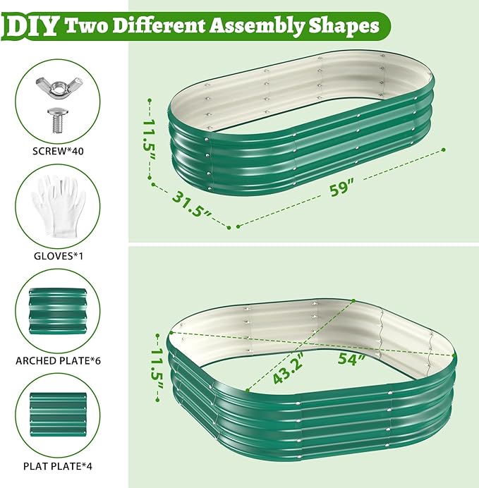 Oval Galvanized Planter Box, Metal Raised Garden Bed - 0.8MM Thick- Ideal for Outdoor Gardening and Planting of Vegetables Flowers Fruits Succulent Plants and Others (Dark Green, 5X2.7X1FT)