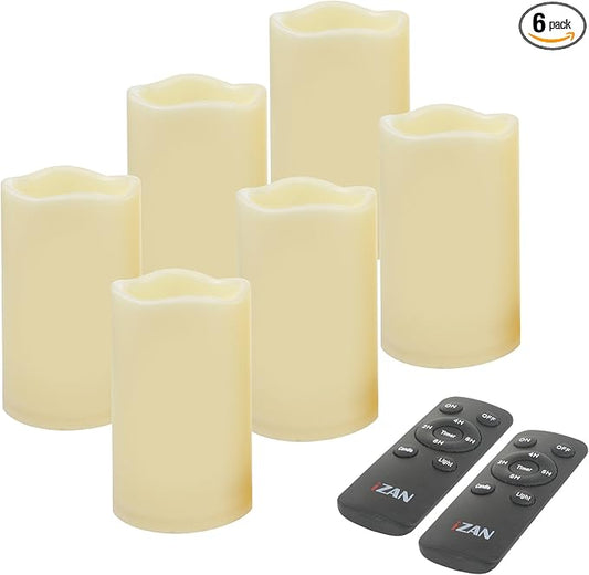iZAN Set of 6 Outdoor Flameless Battery Operated LED Pillar Candles with Remote Timer Waterproof Flickering Electric Decorative Lights for Christmas Home Wedding Party Festival Decorations 3" x5”