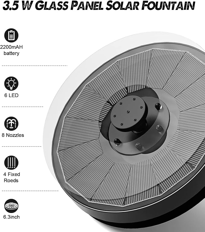 Solar Fountain Glass Panel with 2200 mah Battery, 3.5W Floating Solar Water Fountain with 4 Fixed Rods, Solar Fountain Pump for Bird Bath, Garden, Pond, Pool, Outdoor-Colorful Lights