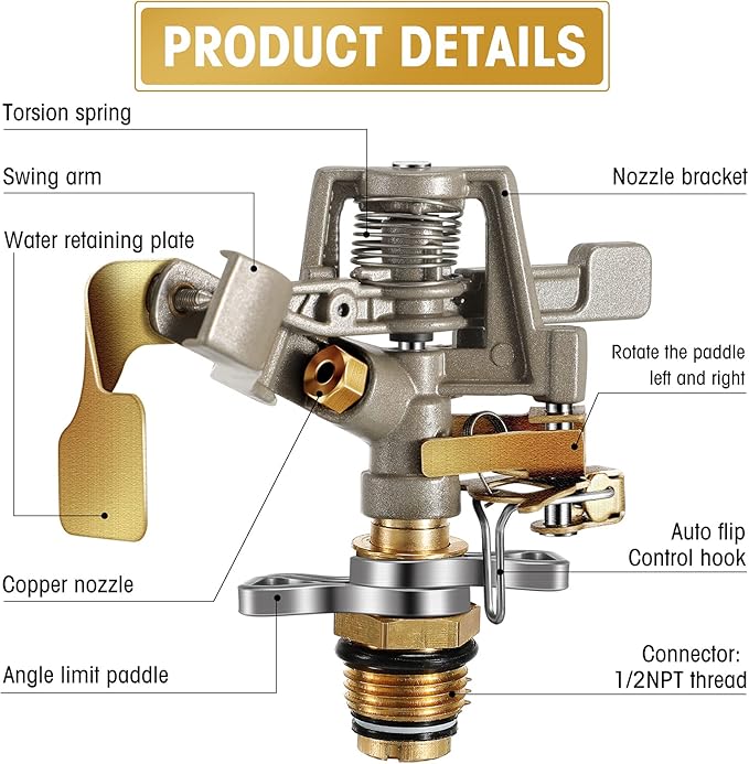 Impact Sprinkler Head Brass Pulsating Sprinkler Lawns Garden Adjustable 360 Degrees Watering Heavy Duty Sprinkler Head with Nozzles for Yard and Grass Irrigation (9 Pieces)