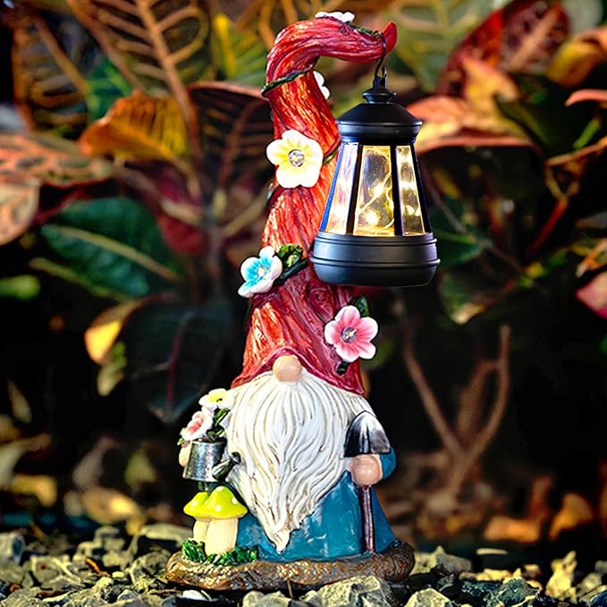 Solar Gnome Garden Statue Lights Gnome Figurine with Solar Lantern, Outdoor Garden Succulent Waterproof Ornaments Decorations for Yard, Lawn, Patio – Ideal Gift for Women, Mom, Grandma, Etc.