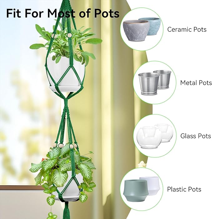 USLAI Macrame Plant Hanger Indoor Outdoor, Up to 4-15 inch Pot, Heavy 20lb Planters, Extra Long Strong Hanging Planter Basket Holder, Boho Home Decor, 49+72 Inch, Green (POTS NOT Included)